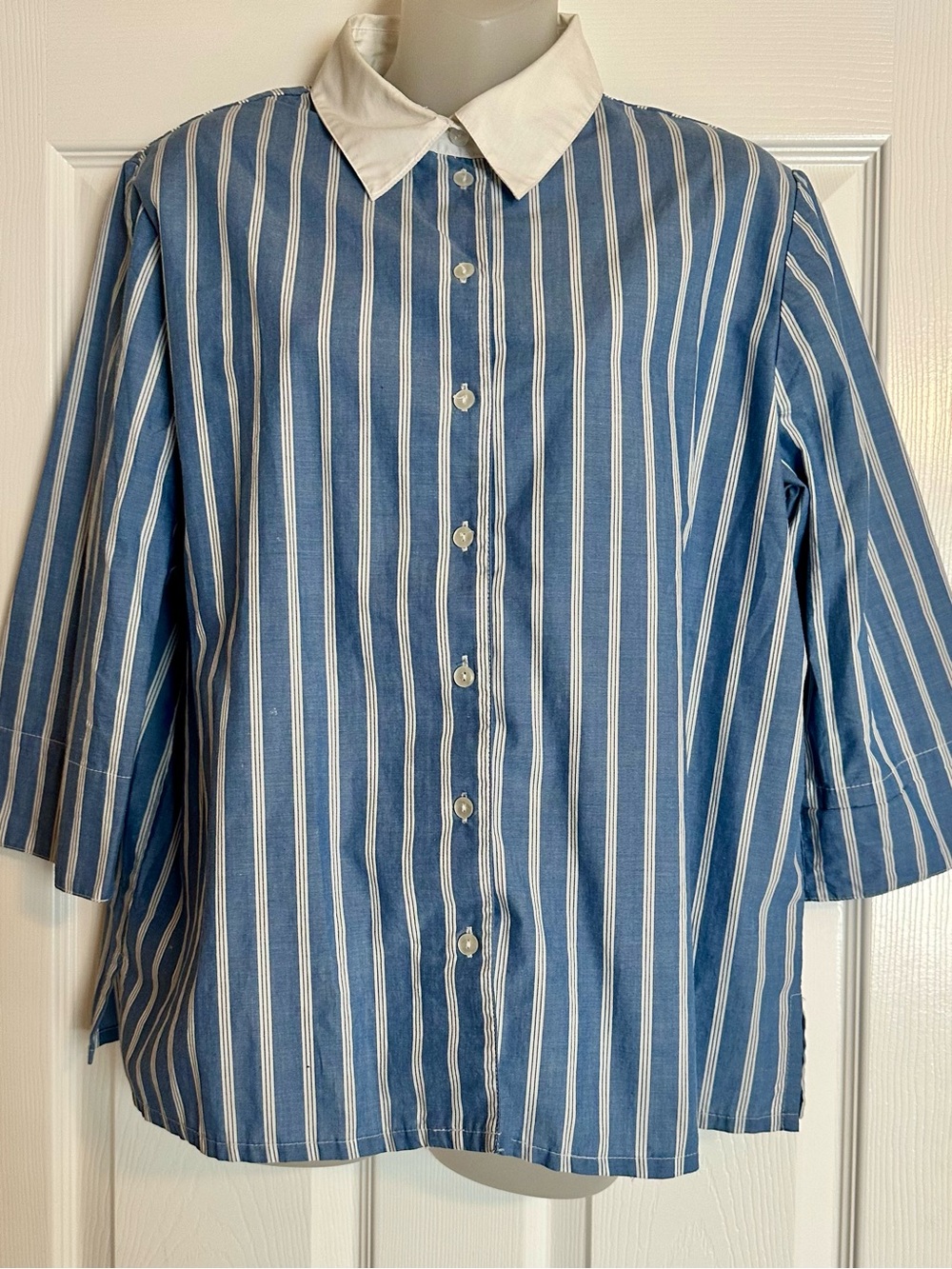Allison Daley Blue and White Vertical Stripe Button-Down Shirt with White Collar
